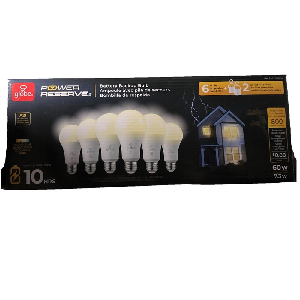 Globe Power Reserve Electric LED Battery Backup Outage Bulb 6 Pack NEW